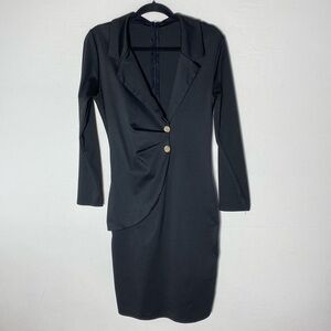 Satiny Black Long Sleeve Blazer Dress Mini Dress W Button Detail L